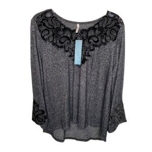 Passports Long Sleeve Velvet Detail Black/Gray Boho Top Small NWTs
